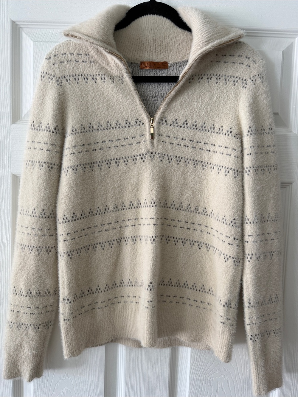 Belldini Cream Half-Zip Turtleneck Sweater with Gray Pattern